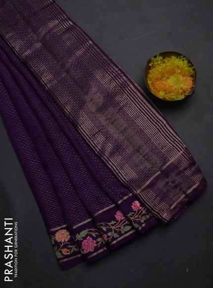 Semi chanderi saree violet with allover zari weaves and floral embroidery border