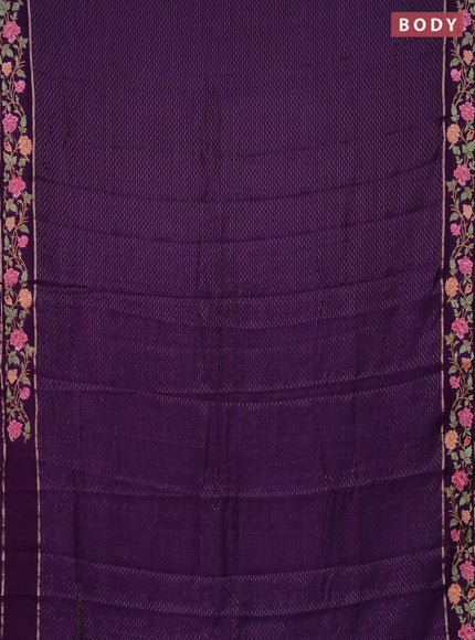 Semi chanderi saree violet with allover zari weaves and floral embroidery border