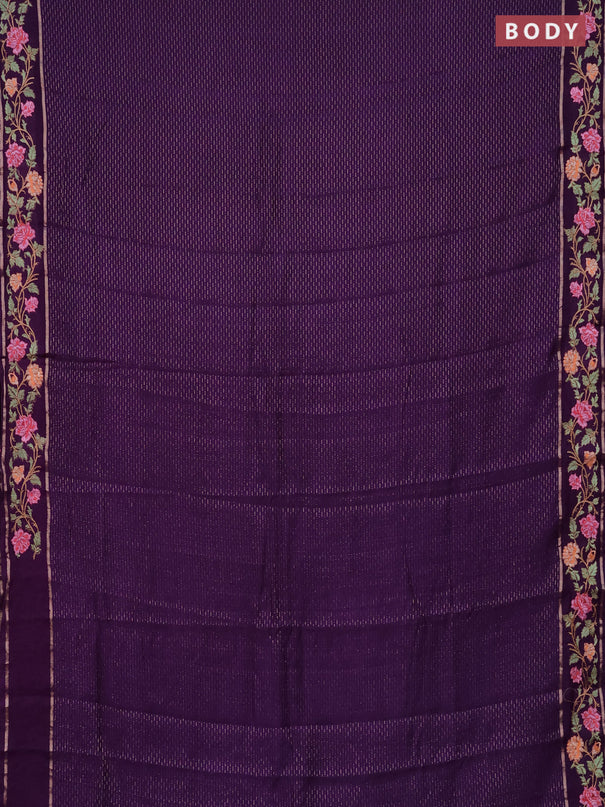 Semi chanderi saree violet with allover zari weaves and floral embroidery border