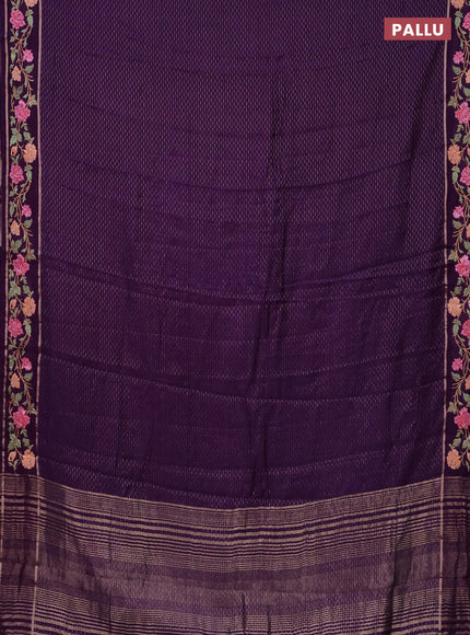 Semi chanderi saree violet with allover zari weaves and floral embroidery border