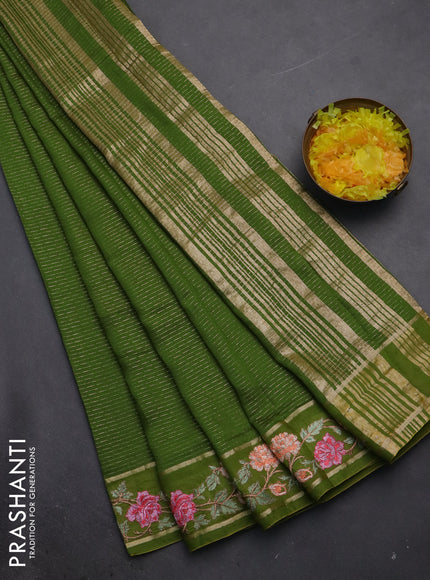 Semi chanderi saree light green with allover zari weaves and floral embroidery border