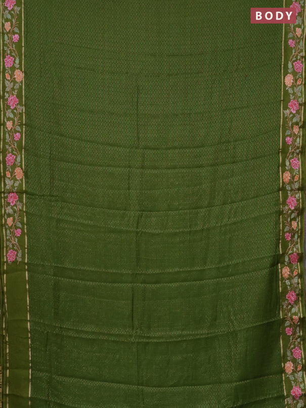 Semi chanderi saree light green with allover zari weaves and floral embroidery border