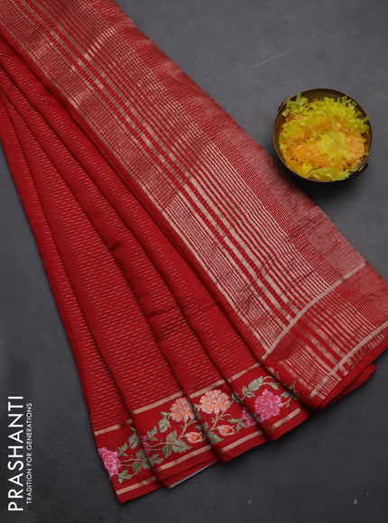 Semi chanderi saree red with allover zari weaves and floral embroidery border