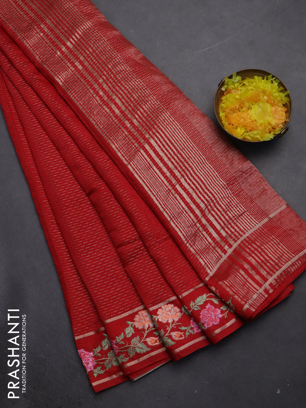 Semi chanderi saree red with allover zari weaves and floral embroidery border