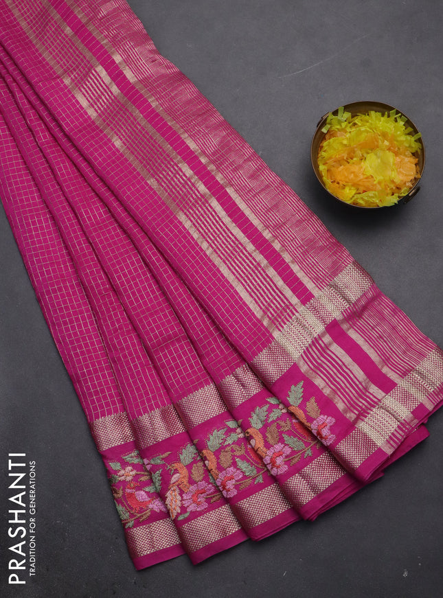 Semi chanderi saree pink with allover zari checked pattern and embroidery border