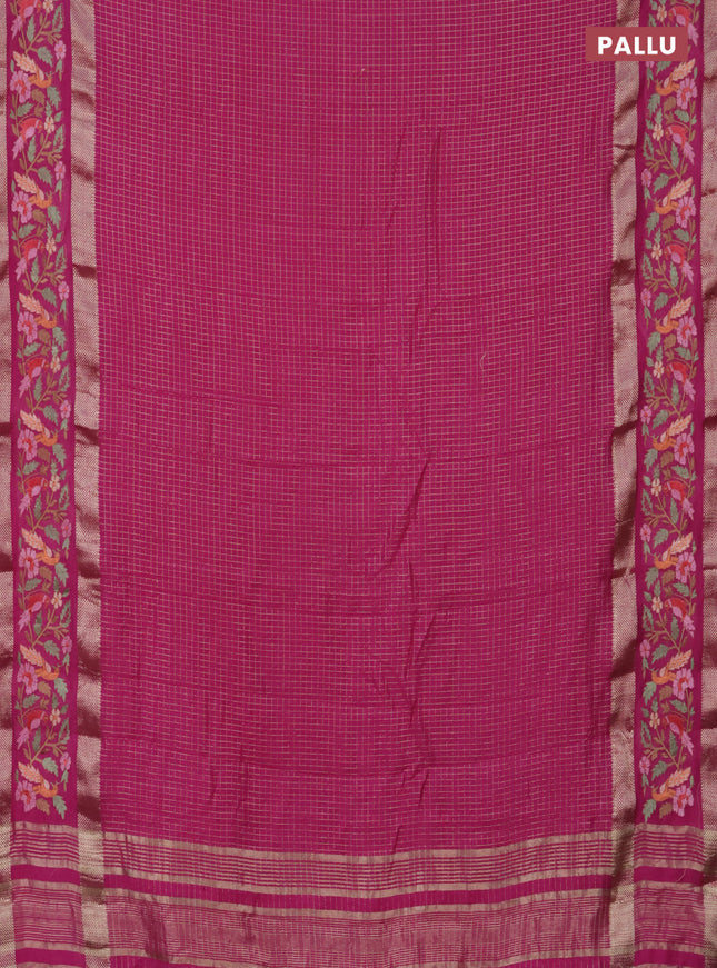 Semi chanderi saree pink with allover zari checked pattern and embroidery border