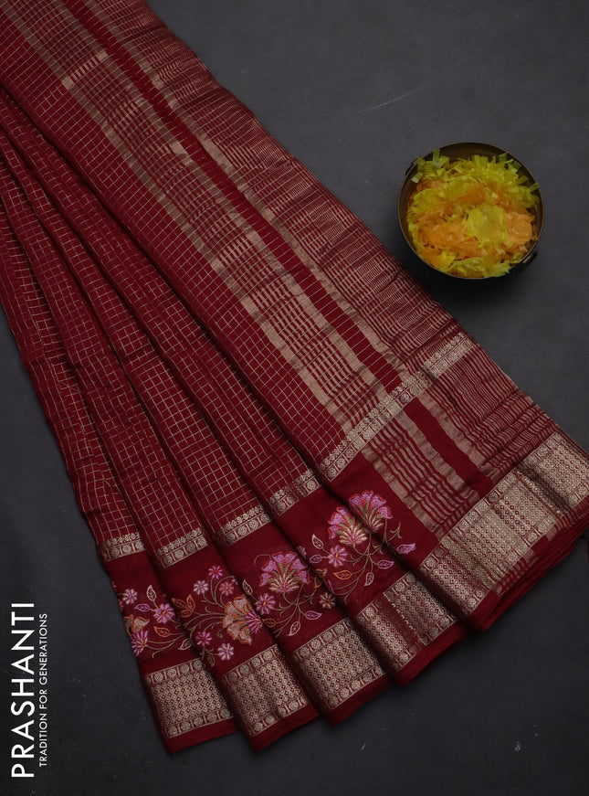 Semi chanderi saree maroon with allover zari checked pattern and embroidery border