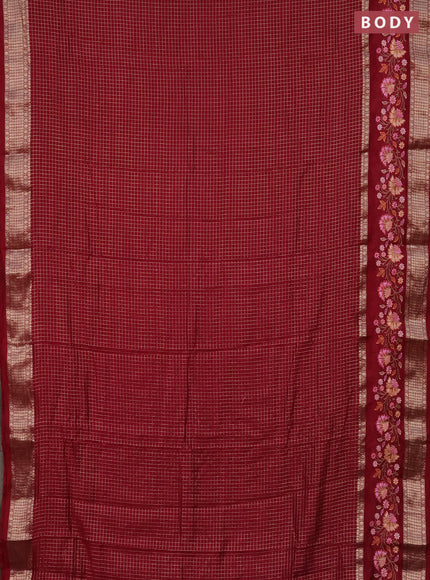 Semi chanderi saree maroon with allover zari checked pattern and embroidery border