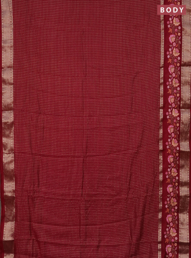 Semi chanderi saree maroon with allover zari checked pattern and embroidery border