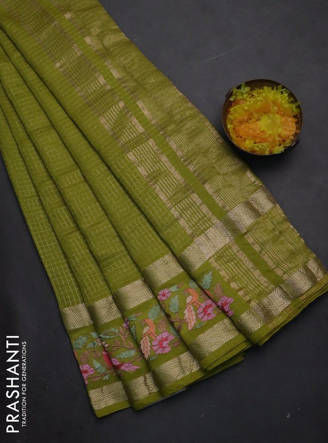 Semi chanderi saree light green with allover zari checked pattern and embroidery border