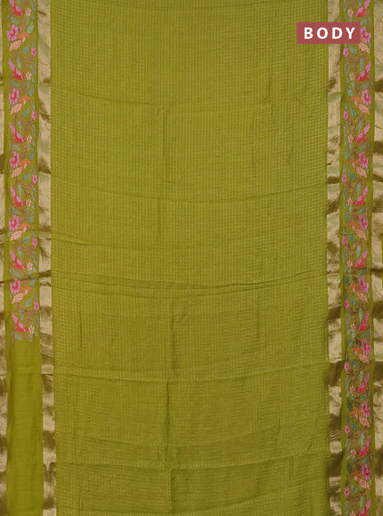 Semi chanderi saree light green with allover zari checked pattern and embroidery border