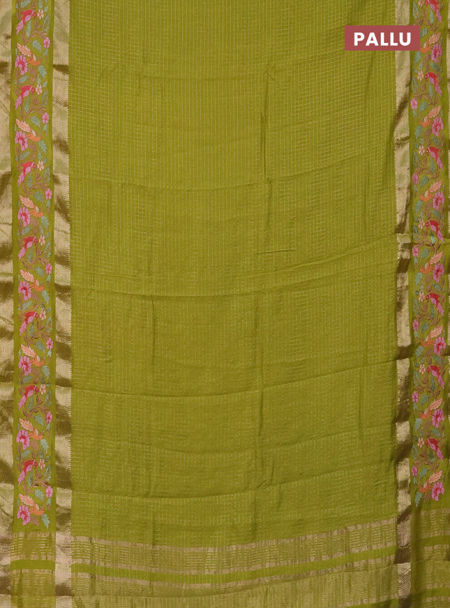 Semi chanderi saree light green with allover zari checked pattern and embroidery border