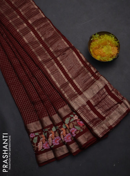 Semi chanderi saree maroon with allover zari checked pattern and embroidery border