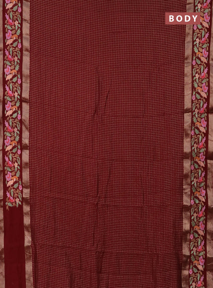 Semi chanderi saree maroon with allover zari checked pattern and embroidery border