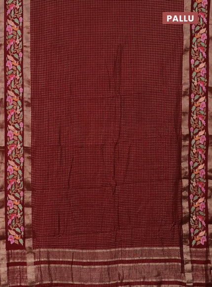 Semi chanderi saree maroon with allover zari checked pattern and embroidery border