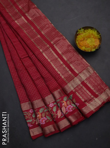 Semi chanderi saree pink with allover zari checked pattern and embroidery border