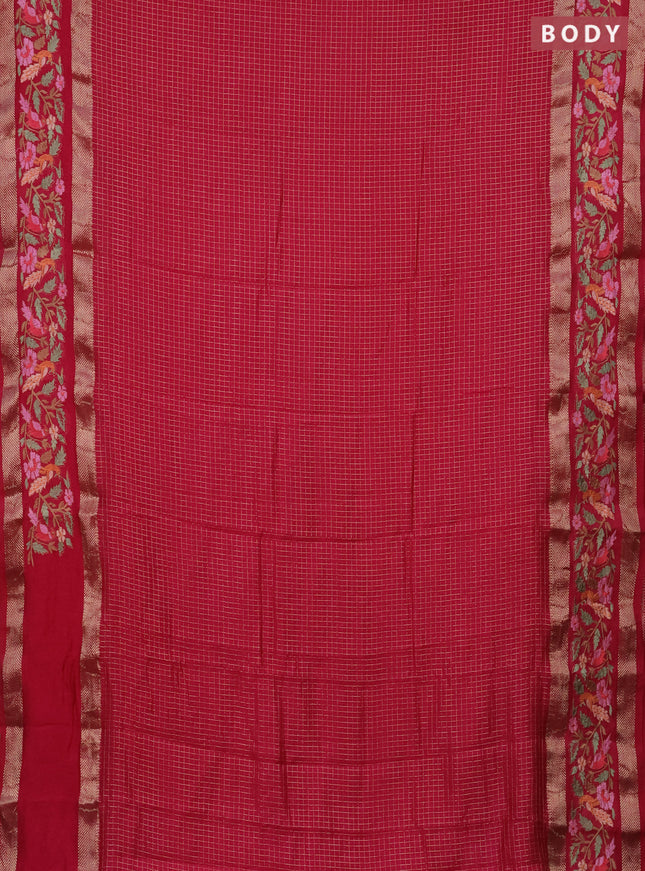 Semi chanderi saree pink with allover zari checked pattern and embroidery border