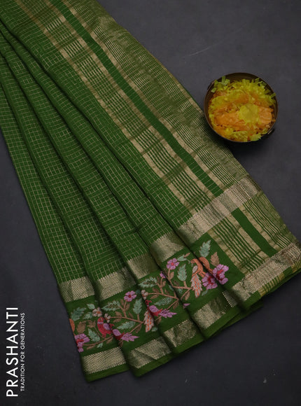 Semi chanderi saree green with allover zari checked pattern and embroidery border