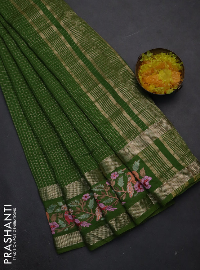 Semi chanderi saree green with allover zari checked pattern and embroidery border