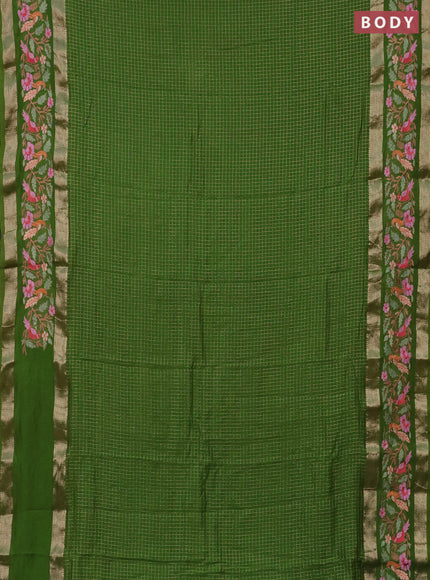 Semi chanderi saree green with allover zari checked pattern and embroidery border