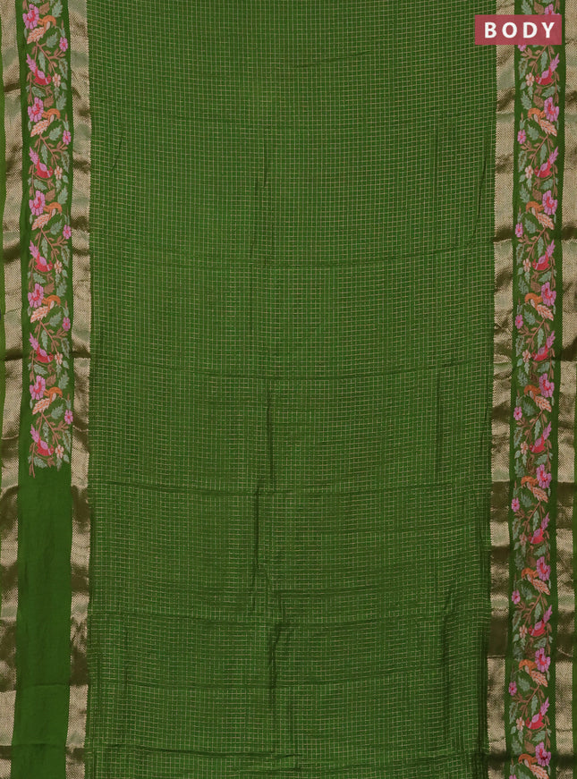 Semi chanderi saree green with allover zari checked pattern and embroidery border