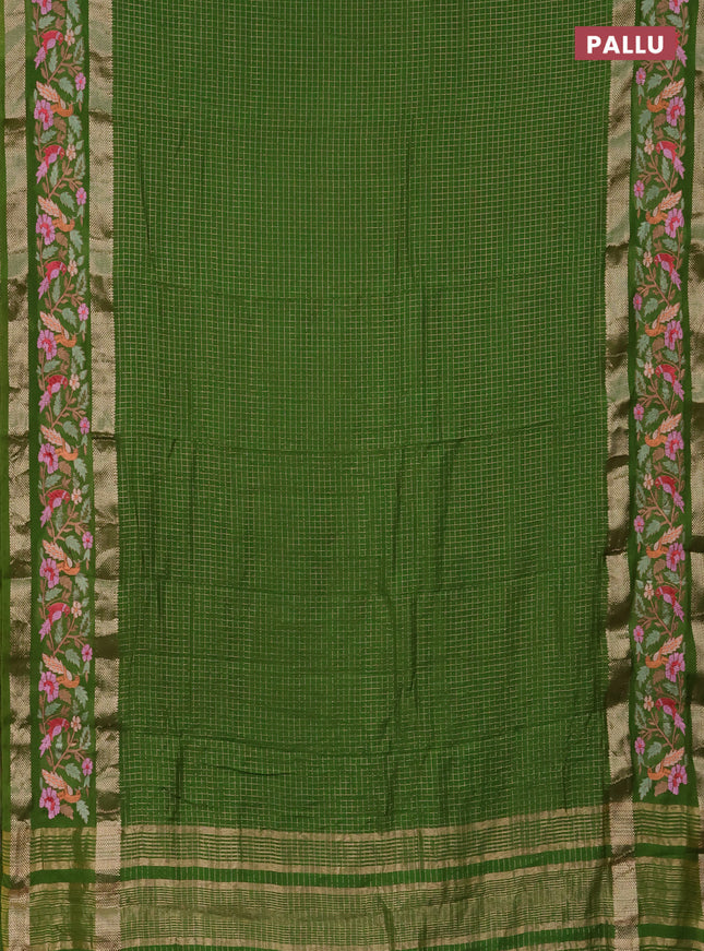 Semi chanderi saree green with allover zari checked pattern and embroidery border