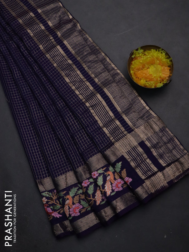 Semi chanderi saree blue with allover zari checked pattern and embroidery border