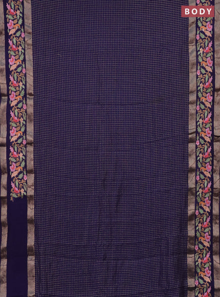 Semi chanderi saree blue with allover zari checked pattern and embroidery border