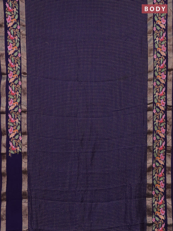 Semi chanderi saree blue with allover zari checked pattern and embroidery border