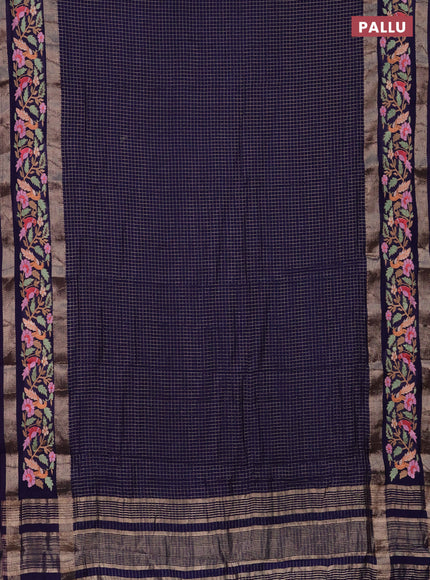 Semi chanderi saree blue with allover zari checked pattern and embroidery border