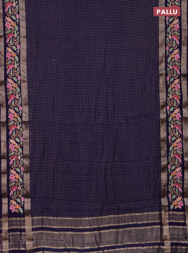 Semi chanderi saree blue with allover zari checked pattern and embroidery border