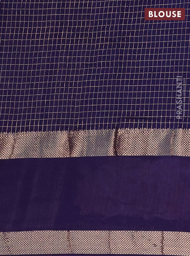 Semi chanderi saree blue with allover zari checked pattern and embroidery border