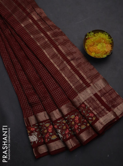 Semi chanderi saree maroon with allover zari checked pattern and pichwai embroidery border