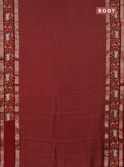 Semi chanderi saree maroon with allover zari checked pattern and pichwai embroidery border