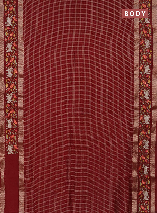 Semi chanderi saree maroon with allover zari checked pattern and pichwai embroidery border