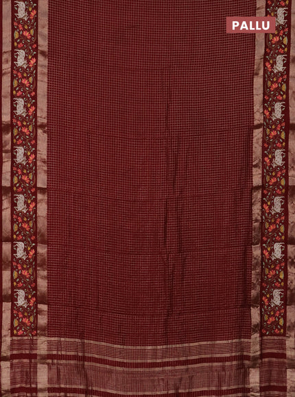 Semi chanderi saree maroon with allover zari checked pattern and pichwai embroidery border