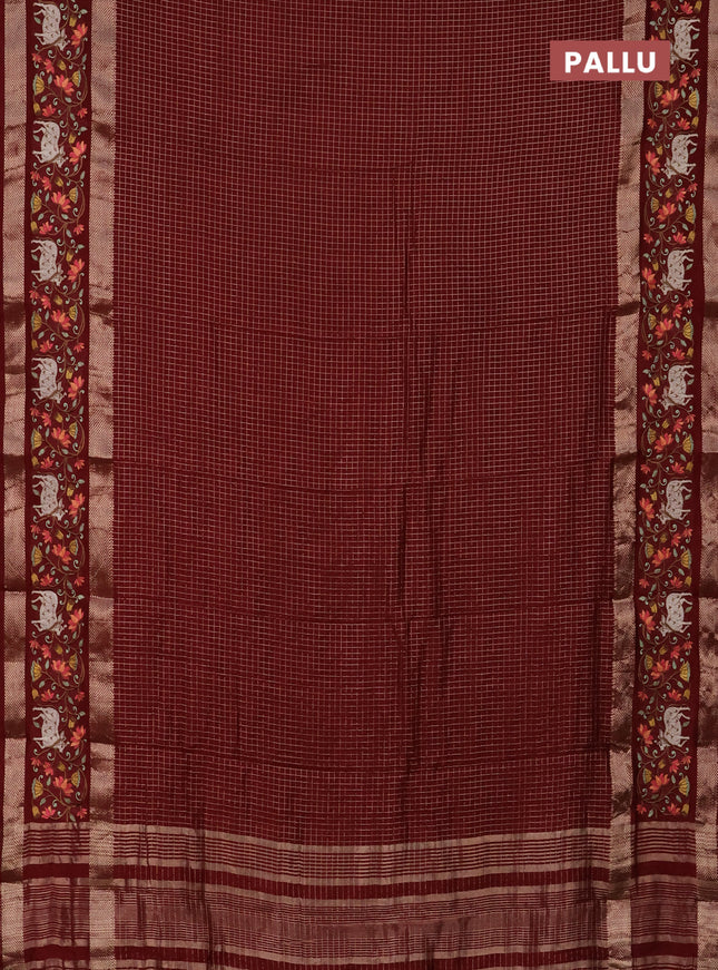 Semi chanderi saree maroon with allover zari checked pattern and pichwai embroidery border