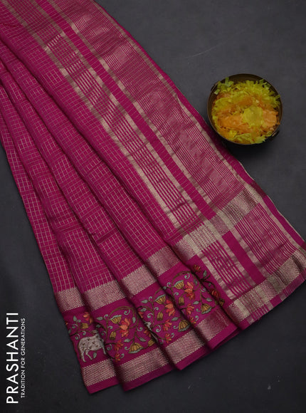Semi chanderi saree pink with allover zari checked pattern and pichwai embroidery border