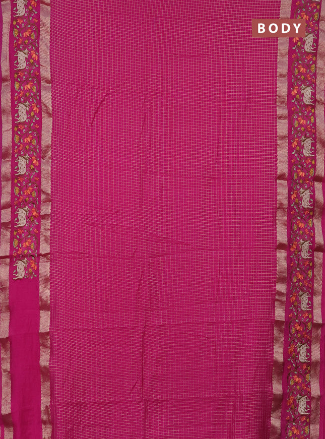 Semi chanderi saree pink with allover zari checked pattern and pichwai embroidery border
