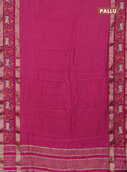 Semi chanderi saree pink with allover zari checked pattern and pichwai embroidery border