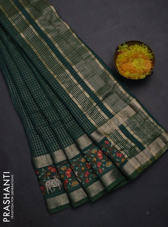 Semi chanderi saree green with allover zari checked pattern and pichwai embroidery border