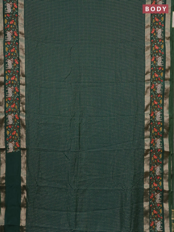 Semi chanderi saree green with allover zari checked pattern and pichwai embroidery border