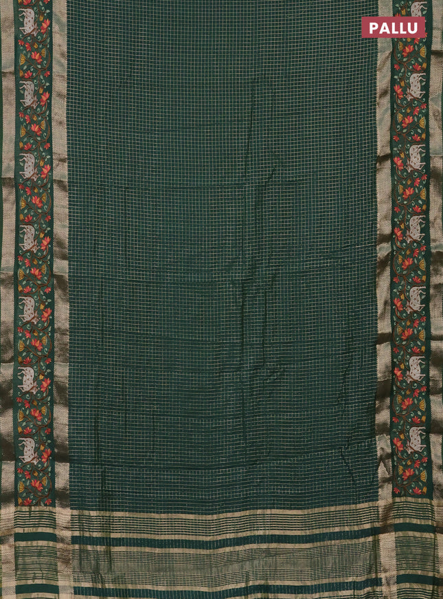 Semi chanderi saree green with allover zari checked pattern and pichwai embroidery border