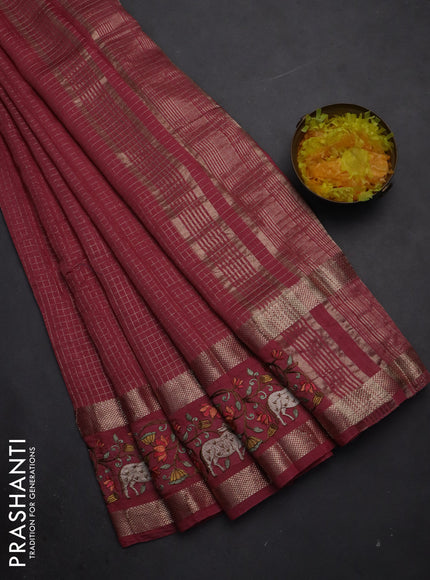 Semi chanderi saree pink shade with allover zari checked pattern and pichwai embroidery border