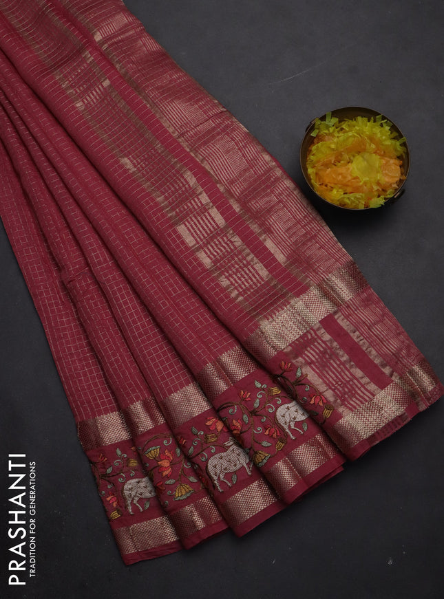 Semi chanderi saree pink shade with allover zari checked pattern and pichwai embroidery border