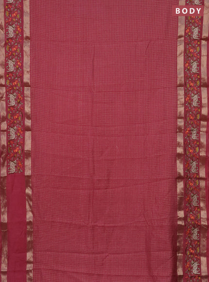 Semi chanderi saree pink shade with allover zari checked pattern and pichwai embroidery border