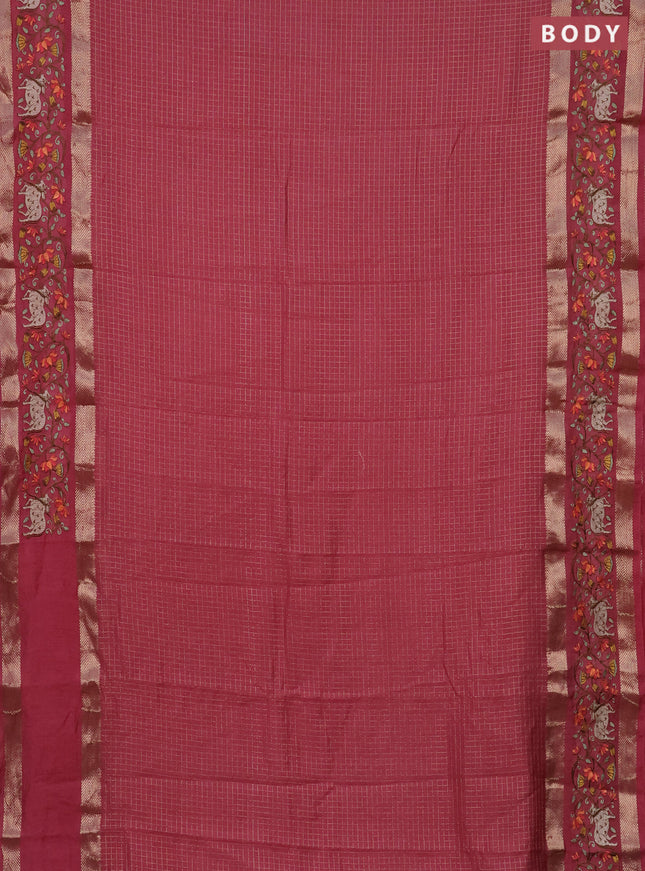 Semi chanderi saree pink shade with allover zari checked pattern and pichwai embroidery border