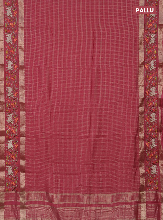 Semi chanderi saree pink shade with allover zari checked pattern and pichwai embroidery border