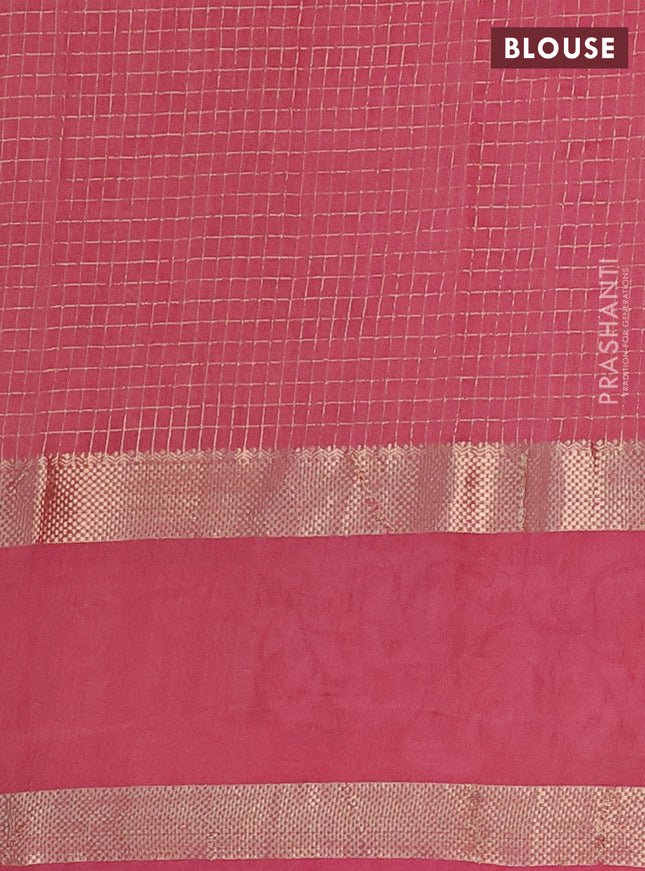 Semi chanderi saree pink shade with allover zari checked pattern and pichwai embroidery border