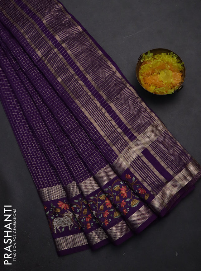 Semi chanderi saree violet with allover zari checked pattern and pichwai embroidery border